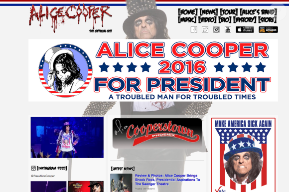 Alice Cooper a annoncé le 23 août 2016 sa candidature à la Maison Blanche, "un homme perturbé pour une époque perturbée"...
