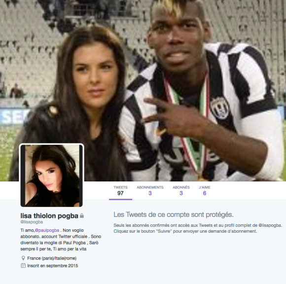 Le compte Twitter de Lisa Thiilon est privé mais la jeune s'y présente bien comme la compagne, voire même l'épouse, du footballeur Paul Pogba.