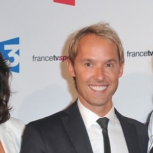 Carinne Teyssandier, Damien Thévenot, Elodie Gossuin - Conférence de presse de rentrée de France Télévisions au Palais de Tokyo à Paris, le 26 août 2014.