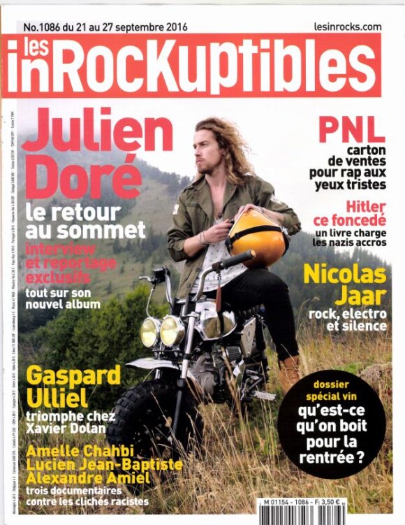 Julien Doré fait la couverture du numéro des Inrockuptibles du 21 septembre 2016.