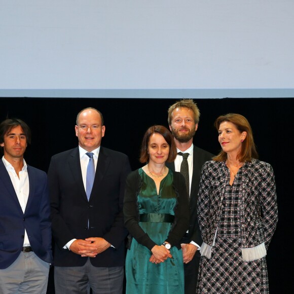 Rosa Barba, Paul Greveillac, le prince Albert II de Monaco, Catherine Dousteyssier-Khoze, Johannes Maria Staud, la princesse Caroline de Hanovre et Jean Loup Dabadie lors de la proclamation du palmarès 2016 de la Fondation Prince Pierre dans la salle de l'Opéra Garnier à Monaco le 4 octobre 2016. © Bruno Bebert/Bestimage