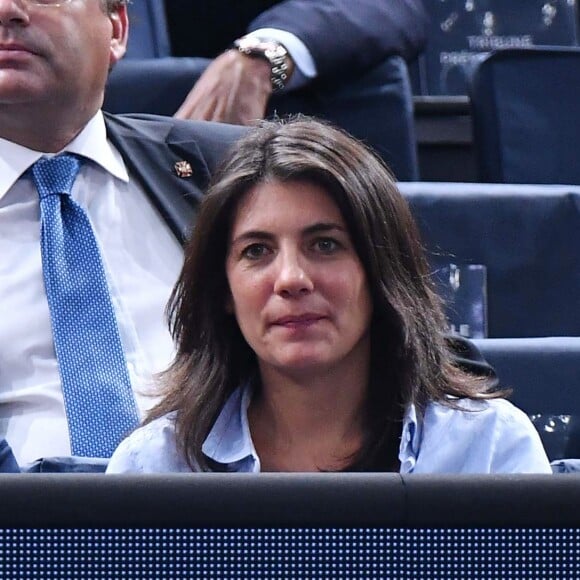 Raymond Domenech et Estelle Denis au BNP Paribas Tennis Masters Paris 2016. Paris, le 4 novembre 2016.