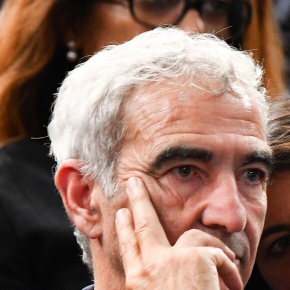 Raymond Domenech et Estelle Denis au BNP Paribas Tennis Masters Paris 2016. Paris, le 4 novembre 2016.