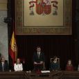 Le roi Felipe VI d'Espagne était accompagné de sa femme la reine Letizia d'Espagne et leurs filles la princesse Leonor des Asturies et l'infante Sofia, très attentives lors des discours prononcés dans l'hémicycle, le 17 novembre 2016 au Parlement (Palacio de los Cortes) à Madrid pour l'inauguration de la XIIe législature de l'Espagne.