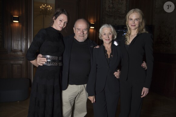 Uma Thurman, Peter Lindbergh, Helen Mirren, Nicole Kidman à la conférence de presse de lancement du calendrier "Pirelli 2017" à l'hôtel Salomon de Rothschild. Paris, le 29 novembre 2016.