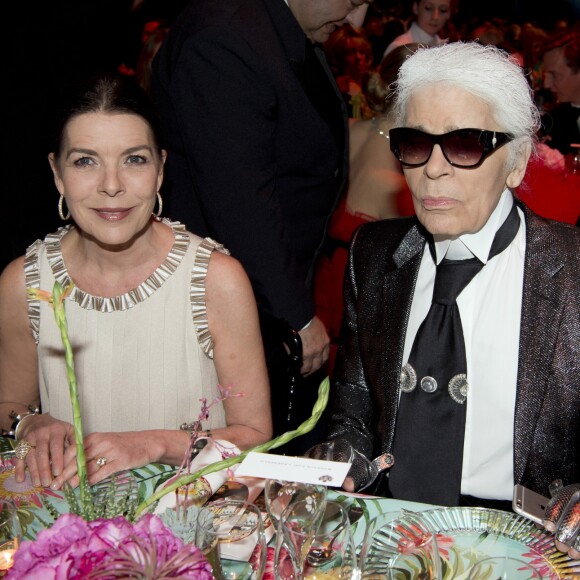 SAR la princesse de Hanovre, Karl Lagerfeld. - 62eme bal de la Rose dans la Salle des Etoiles du Sporting de Monte Carlo, le 19 mars 2016. Cette soirée est organisée au profit de la Fondation princesse Grace. La princesse Caroline de Hanovre Présidente de la Fondation princesse Grace a demandé à son ami le styliste Karl Lagerfeld d'imaginer ce bal en faisant escale à Cuba. © Palais princier / Luc Castel / Monte Carlo Société des Bains de Mer via Bestimage 