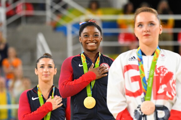 Aly Raisman, Simone Biles et Amy Tinkler (Grande-Bretagne) aux Jeux olympiques de Rio. Août 2016.