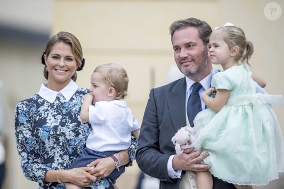 La princesse Madeleine de Suède et son fils le prince Nicolas, Christopher O'Neill et la princesse Leonore lors du baptême du prince Alexander de Suède au palais Drottningholm à Stockholm le 9 septembre 2016.