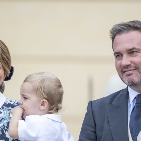 La princesse Madeleine de Suède et son fils le prince Nicolas, Christopher O'Neill et la princesse Leonore lors du baptême du prince Alexander de Suède au palais Drottningholm à Stockholm le 9 septembre 2016.