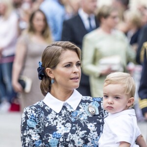 La princesse Madeleine de Suède et son fils le prince Nicolas, Christopher O'Neill et la princesse Leonore lors du baptême du prince Alexander de Suède au palais Drottningholm à Stockholm le 9 septembre 2016.