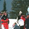 Tara Palmer-Tomkinson avec le prince Charles et le prince Harry aux sports d'hiver à Klosters en janvier 1997.