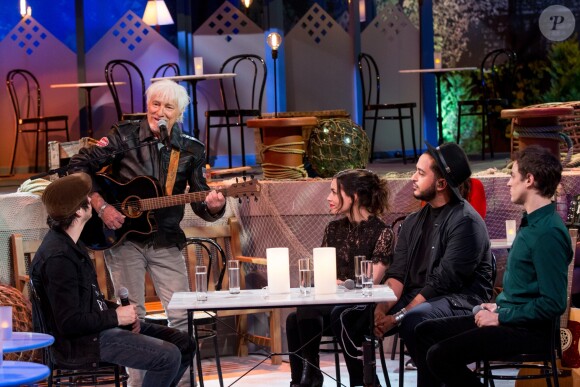 Exclusif - Gauvain Sers, Hugues Aufray, Olivia Ruiz, Slimane et Benjamin Siksou - Enregistrement de l'émission MerciBrassens, dans les studios de La Plaine Saint-Denis, qui sera diffusée sur France 2 le samedi 18 février en prime time. Le 31 janvier 2017 © Cyril Moreau / Bestimage