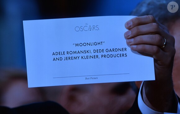Fred Berger, producer of "La La Land" holds up the best picture award for "Moonlight" to the TV camera after he had come up on stage to accept the award after the wrong picture was announced at the 89th annual Academy Awards at Lowes Hollywood Hotel in the Hollywood section of Los Angeles on February 26, 2017. Photo by Jim Ruymen/UPI27/02/2017 - LOS ANGELES