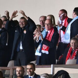 Vadim Vasilyev, le vice-président de l'AS Monaco, Dmitri Rybolovlev, le président de l'AS Monaco, le prince Albert II de Monaco et Michael Wittstock, père de la princesse Charlene, lors du match retour de huitième de finale de Ligue des Champions entre l'AS Monaco et Manchester City au stade Louis II à Monaco le 15 mars 2017. Le club de la principauté, défait à l'aller 5 à 3, s'est qualifié pour les quarts de finale en battant les Anglais 3 buts à 1. © Bruno Bebert/Bestimage