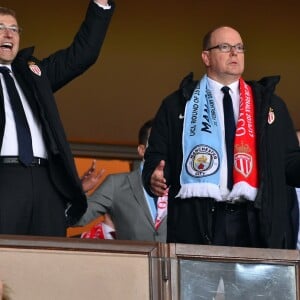 Dmitri Rybolovlev, le président de l'AS Monaco, le prince Albert II de Monaco lors du match retour de huitième de finale de Ligue des Champions entre l'AS Monaco et Manchester City au stade Louis II à Monaco le 15 mars 2017. Le club de la principauté, défait à l'aller 5 à 3, s'est qualifié pour les quarts de finale en battant les Anglais 3 buts à 1. © Bruno Bebert/Bestimage