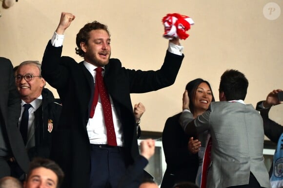 Pierre Casiraghi a exulté lors du match retour de huitième de finale de Ligue des Champions entre l'AS Monaco et Manchester City au stade Louis II à Monaco le 15 mars 2017. Le club de la principauté, défait à l'aller 5 à 3, s'est qualifié pour les quarts de finale en battant les Anglais 3 buts à 1. © Bruno Bebert/Bestimage