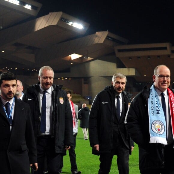 Vadim Vasilyev, le vice président de l'AS Monaco, Dmitri Rybolovlev, le président de l'AS Monaco, et le prince Albert II de Monaco lors du match retour de huitième de finale de Ligue des Champions entre l'AS Monaco et Manchester City au stade Louis II à Monaco le 15 mars 2017. Le club de la principauté, défait à l'aller 5 à 3, s'est qualifié pour les quarts de finale en battant les Anglais 3 buts à 1. © Bruno Bebert/Bestimage