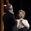 Yves Bigot et Selah Sue (enceinte) recoit le Grand Prix du répertoire Sacem à l'export lors de La cérémonie des Grands Prix Sacem 2016 aux Folies Bergères à Paris, France, le 6 décembre 2016.