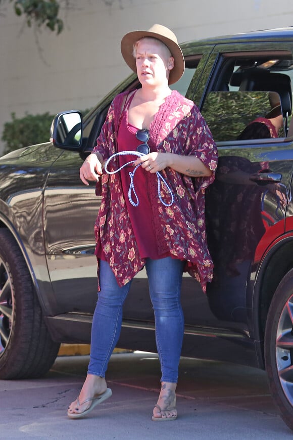 La chanteuse Pink, sans maquillage, dépose son chien chez le vétérinaire à Santa Barbara le 10 octobre 2015.