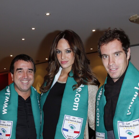 Exclusif - Premiere sortie publique de Arnaud Lagardere et Jade Foret depuis la naissance de leur fille Liva, Richard Gasquet - Les Gourmets du Stade se reunissent pour voir le match de football France-Espagne à Levallois-Perret le 16 Octobre 2012.