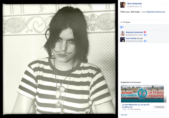Capture d'écran de la page Facebook de Nick Ackerman avec notamment une photo de Soko prise en 2013.