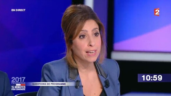 Léa Salamé attaquée par François Fillon sur sa grossesse lors de l'émission "15 minutes pour convaincre" proposée en direct par France 2 le 20 avril 2017.