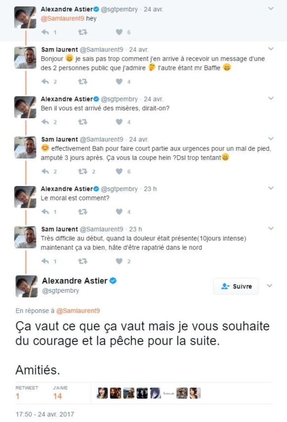 Echange de messages entre Alexandre Astier et un internaute. Avril 2017