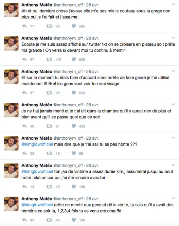 Anthony Matéo répond à Kim Glow, le 28 avril 2017.