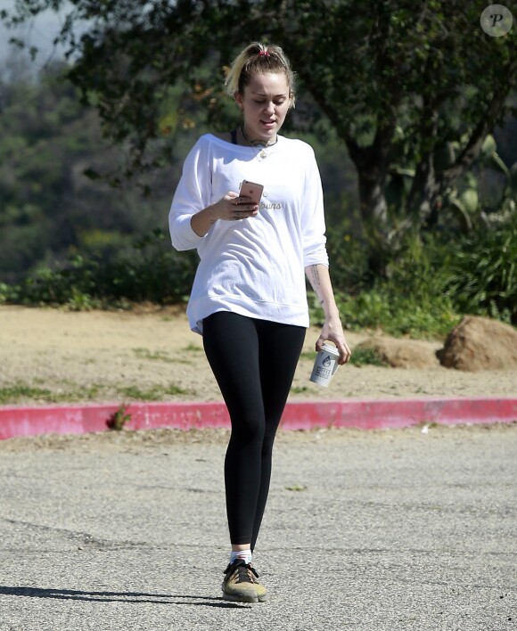 Exclusif - Miley Cyrus et son fiancé Liam Hemsworth sont allés se balader en amoureux sur les hauteurs de Los Angeles, le 16 mars 2017
