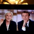 Illustration du débat de l'entre-deux-tours entre les deux candidats, Marine Le Pen (candidate du parti ''Front National") et Emmanuel Macron (candidat du mouvement ''En marche !'') à Saint-Denis, le 3 mai 2017. © Patrick Bernard/Bestimage