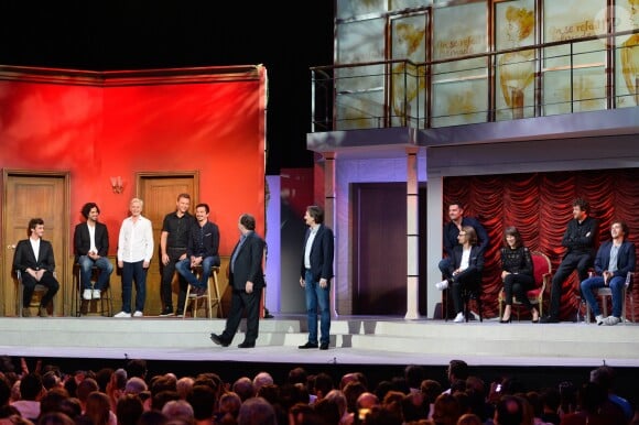 Jean-Baptiste Maunier, Max Boublil, Alex Lutz, Jeanfi Janssens, Arnaud Tsamere, François Rollin, Pierre Palmade, Arnaud Ducret, Lorànt Deutsch, Virginie Hocq, Olivier de Benoist et Baptiste Lecaplain - Enregistrement de l'émission "On se refait Palmade" au Théâtre de Paris, qui sera diffusée le 16 juin sur France 3, le 22 mai 2017.