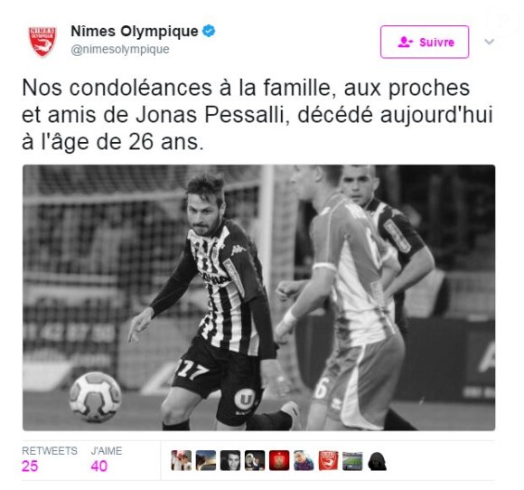 Le club de Nîmes olympique rend hommage à Jonas Pessalli, décédé dans un accident de voiture dans la nuit du 11 au 12 juin 2017.
