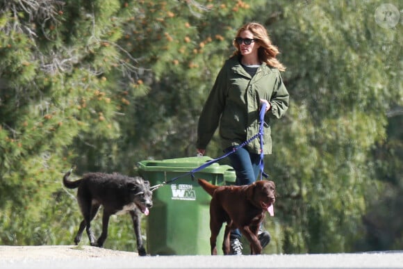 Julia Roberts promène ses chiens dans les rues de Malibu, le 7 mars 2017