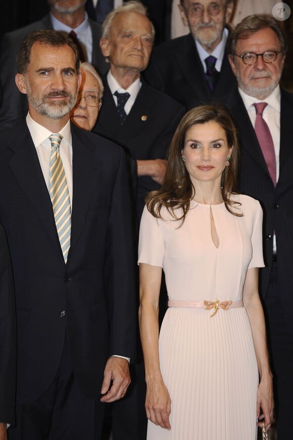 La reine Letizia d'Espagne (robe Hugo Boss, ceinture Uterque, boucles d'oreilles Coolook) accompagnait son époux le roi Felipe VI lors de l'assemblée plénière de l'Académie royale espagnole le 22 juin 2017 à Madrid.
