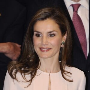 La reine Letizia d'Espagne (robe Hugo Boss, ceinture Uterque, boucles d'oreilles Coolook) accompagnait son époux le roi Felipe VI lors de l'assemblée plénière de l'Académie royale espagnole le 22 juin 2017 à Madrid.