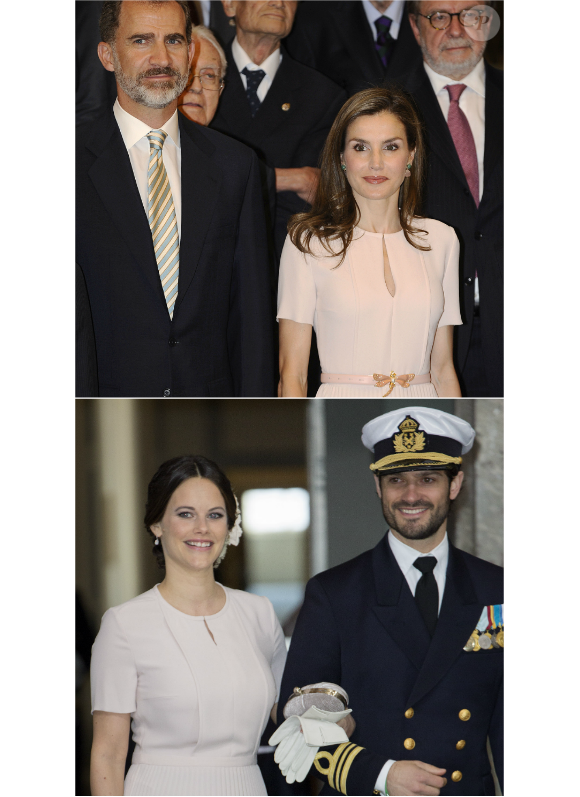Letizia d'Espagne en juin 2017, Sofia de Suède en avril 2016, portant la même robe Hugo Boss.