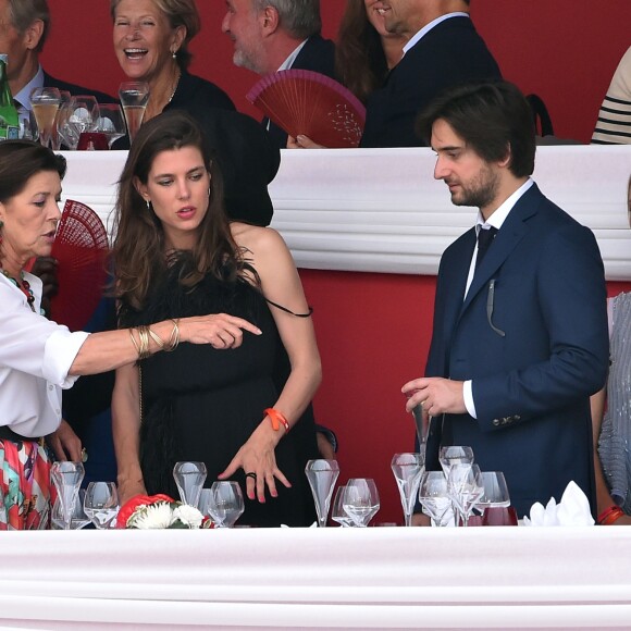 Semi-Exclusif - La princesse Caroline de Haovre, sa fille Charlotte Casiraghi, son compagnon Dimitri Rassam et Matilde Borromeo le 24 juin 2017 à la soirée de gala du Jumping de Monaco, étape du Longines Global Champions Tour. © Bruno Bebert / Bestimage