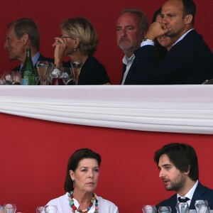 Semi-Exclusif - Jacky Ickx sa femme Khadja Nin, Marta Ortega, Matilde Borromeo, la princesse Caroline de Hanovre, Dimitri Rassam et sa compagne Charlotte Casiraghi et Carlos Torretta le 24 juin 2017 à la soirée de gala du Jumping de Monaco, étape du Longines Global Champions Tour. © Bruno Bebert / Bestimage