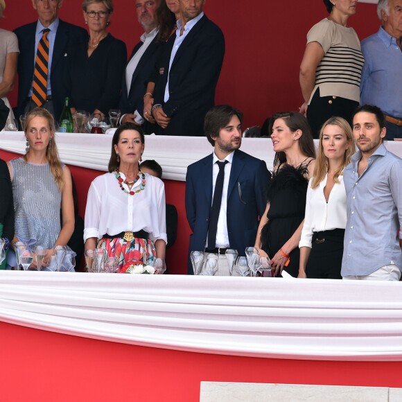 Semi-Exclusif - Jacky Ickx sa femme Khadja Nin, Marta Ortega, Matilde Borromeo, la princesse Caroline de Hanovre, Dimitri Rassam et sa compagne Charlotte Casiraghi et Carlos Torretta le 24 juin 2017 à la soirée de gala du Jumping de Monaco, étape du Longines Global Champions Tour. © Bruno Bebert / Bestimage