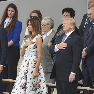 Emmanuel Macron, sa femme Brigitte Macron (Trogneux) , Donald Trump et sa femme Melanie Trump lors du défilé du 14 juillet (fête nationale) à Paris