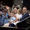 La princesse Victoria de Suède lors d'un cortège à l'occasion de son 40ème anniversaire en assistant à une messe en compagnie de son mari, le prince Daniel et de leurs enfants, la princesse Estelle et le prince Oscar au palais Royal de Stockholm en Suède, le 14 juillet 2017.