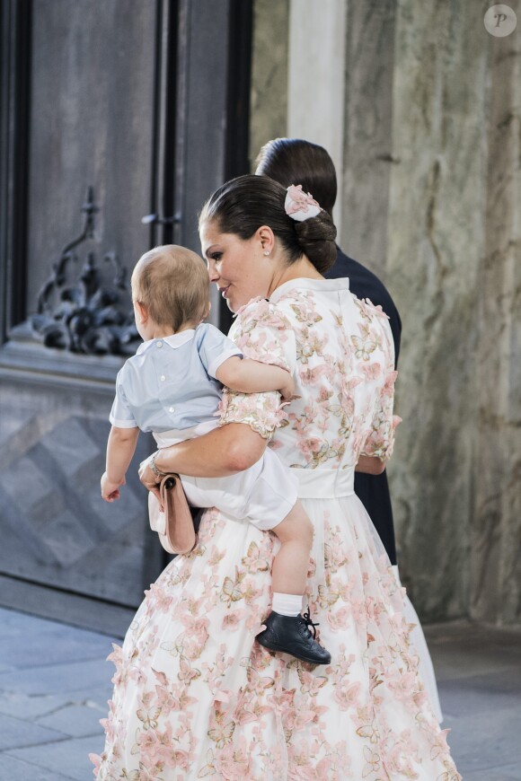 La princesse Victoria de Suède fête son 40ème anniversaire en assistant à une messe en compagnie de son fils le prince Oscar au palais Royal de Stockholm en Suède, le 14 juillet 2017.