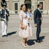 La princesse Victoria de Suède fête son 40ème anniversaire en assistant à une messe en compagnie de son mari, le prince Daniel et de leur fils le prince Oscar au palais Royal de Stockholm en Suède, le 14 juillet 2017.