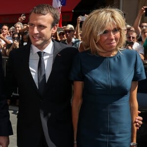 Le maire de Nice, Christian Estrosi, sa femme Laura Tenoudji, le président de la République Emmanuel Macron, sa femme Brigitte Macron - Le président de la République est reçu par l'hôtel de ville de Nice pour un entretien avant la cérémonie d'hommage aux victimes de l'attentat du 14 juillet 2016 à Nice, le 14 juillet 2017. © Cyril Moreau/Bestimage