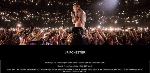 Image de la page chester.linkinpark.org dédiée à la prévention du suicide suite à ce lui de Chester Bennington de Linkin Park.