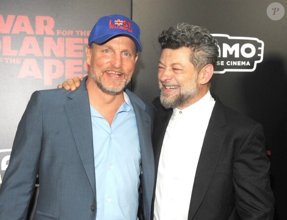 Woody Harrelson et Andy Serkis lors de la première de ''La Planète des singes : Suprématie'' à New York, le 10 juillet 2017.
