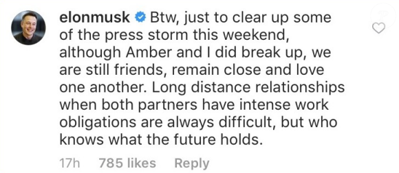 Elon Musk commentant sa rupture avec Amber Heard sur Instagram le 7 août 2017