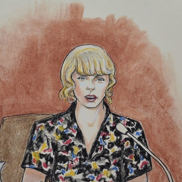 Dessins d'illustrations du procès en cours de Taylor Swift contre D.Mueller à Denver le 10 août 2017.