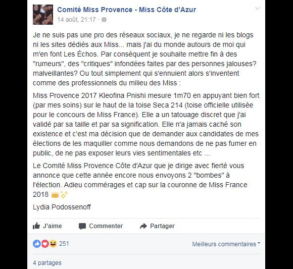 Lydia Podossenoff, déléguée régionale Provence Alpes Côte d'Azur, a expliqué sur Facebook pourquoi Kléofina Pnishi (Miss Provence 2017) participera à l'élection de Miss France 2018 malgré son tatouage.