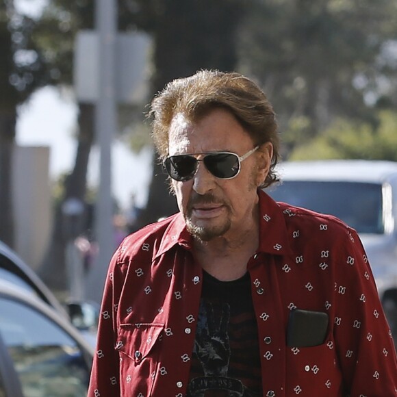 Johnny Hallyday avec sa femme Laeticia, leurs filles Jade et Joy, Marie Poniatowski avec son mari Pierre Rambaldi et leur fille Tess, à Santa Monica, le 1er avril 2017.